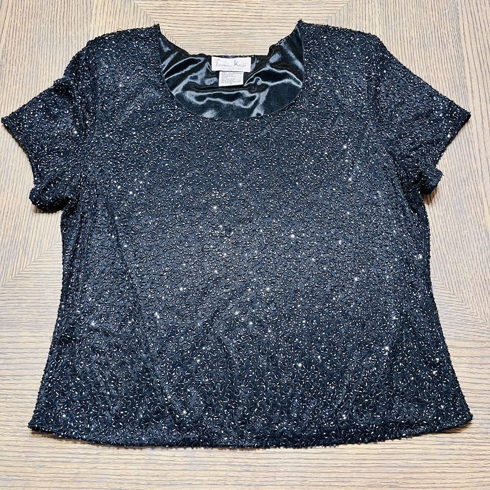 Laurence Kazar Womens Beaded Satin Blouse Top T‎ Shirt 2X Black Sparkly Vintage